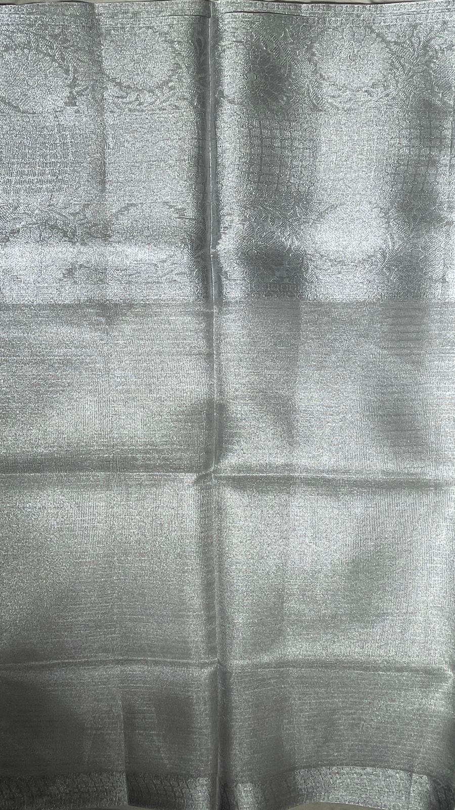 Faishana Presents Silver Supernet Banarasi Tissue Zari Stripe Skirt Floral Zari Border and Contrast Gold Pallu with Silver Blouse Banarasi Saree