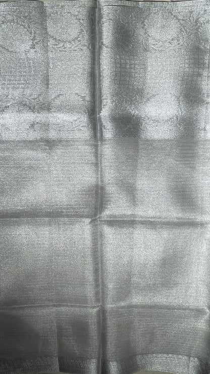 Faishana Presents Silver Supernet Banarasi Tissue Zari Stripe Skirt Floral Zari Border and Contrast Gold Pallu with Silver Blouse Banarasi Saree
