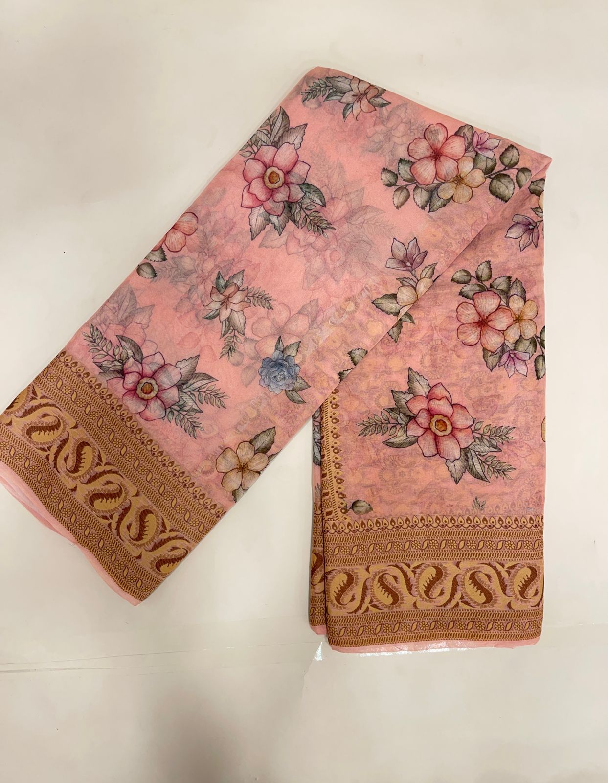 Faishana Pure Handloom Baby Pink Chiffon Floral Digital Print Boota with Copper Zari Banarasi Border and Baby Pink Blouse