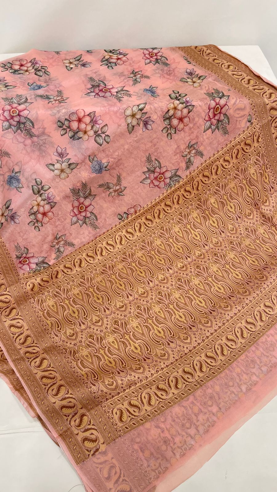 Faishana Pure Handloom Baby Pink Chiffon Floral Digital Print Boota with Copper Zari Banarasi Border and Baby Pink Blouse