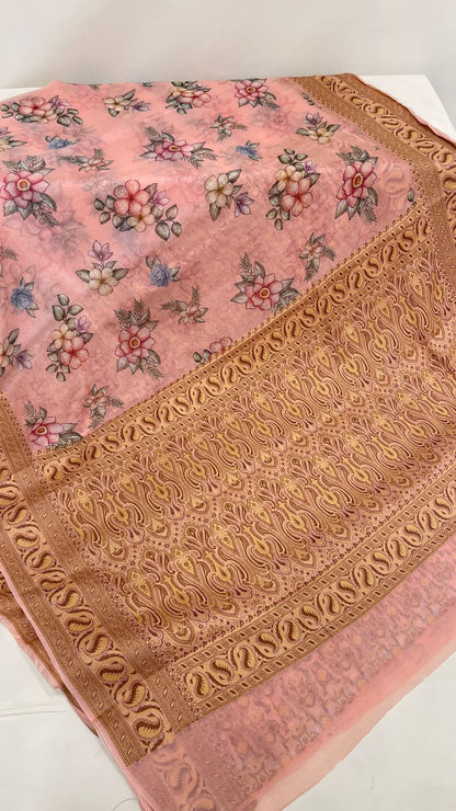 Faishana Pure Handloom Baby Pink Chiffon Floral Digital Print Boota with Copper Zari Banarasi Border and Baby Pink Blouse