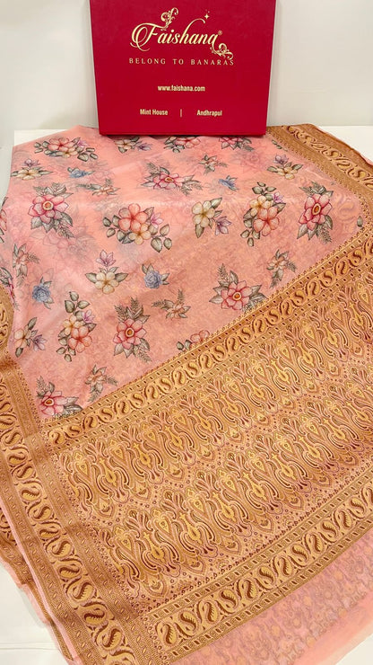 Faishana Pure Handloom Baby Pink Chiffon Floral Digital Print Boota with Copper Zari Banarasi Border and Baby Pink Blouse