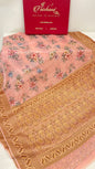 Faishana Pure Handloom Baby Pink Chiffon Floral Digital Print Boota with Copper Zari Banarasi Border and Baby Pink Blouse