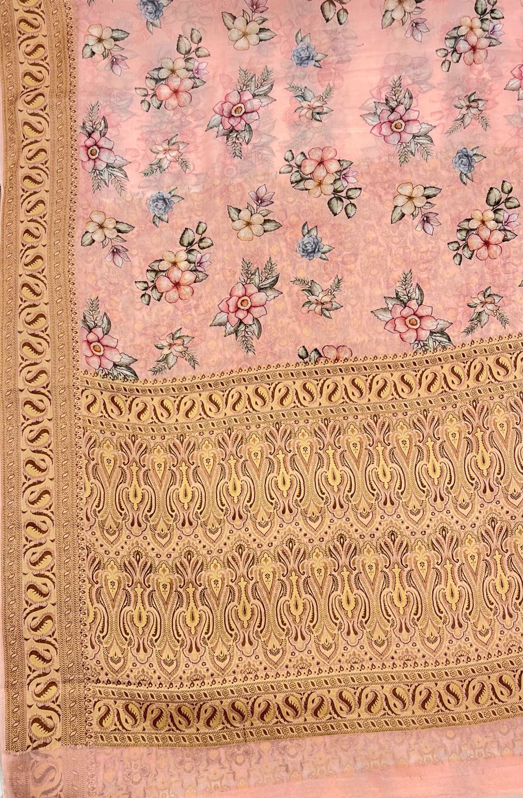 Faishana Pure Handloom Baby Pink Chiffon Floral Digital Print Boota with Copper Zari Banarasi Border and Baby Pink Blouse