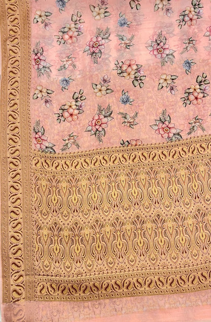 Faishana Pure Handloom Baby Pink Chiffon Floral Digital Print Boota with Copper Zari Banarasi Border and Baby Pink Blouse