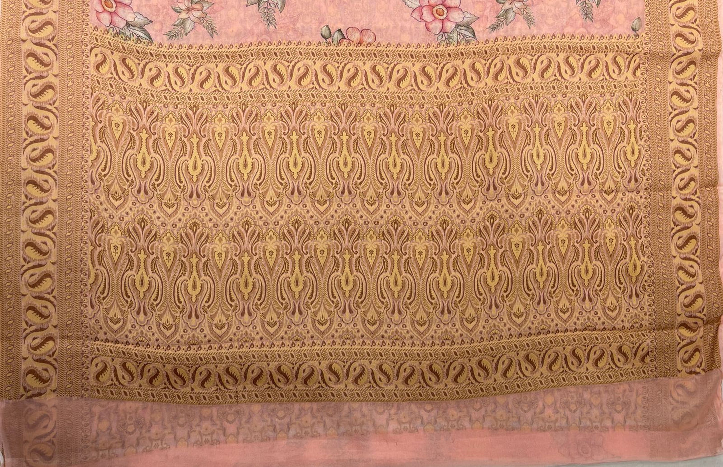 Faishana Pure Handloom Baby Pink Chiffon Floral Digital Print Boota with Copper Zari Banarasi Border and Baby Pink Blouse