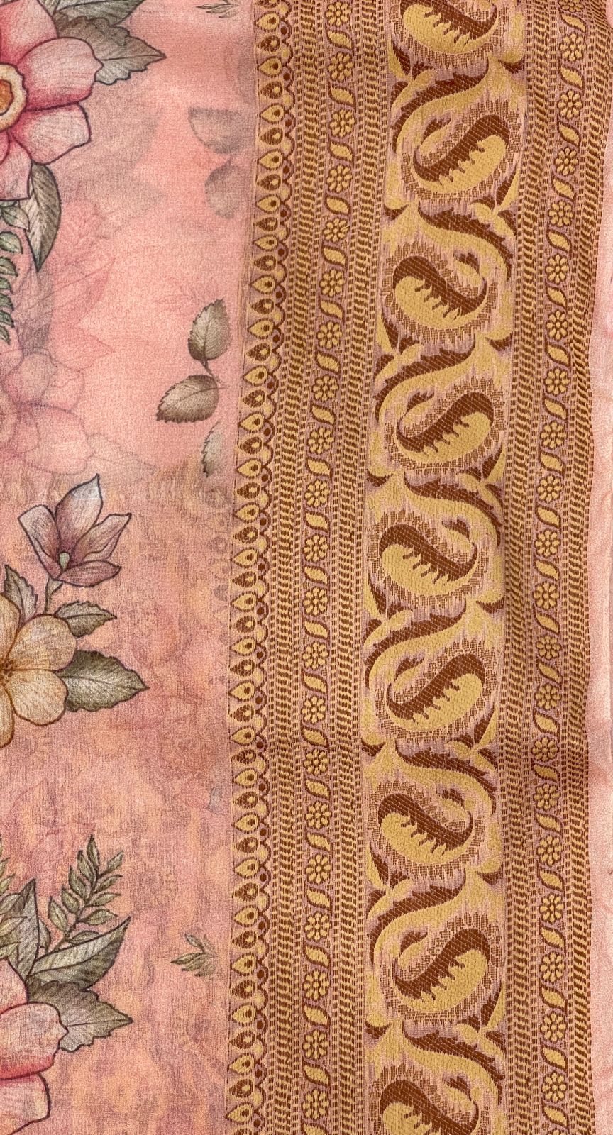 Faishana Pure Handloom Baby Pink Chiffon Floral Digital Print Boota with Copper Zari Banarasi Border and Baby Pink Blouse