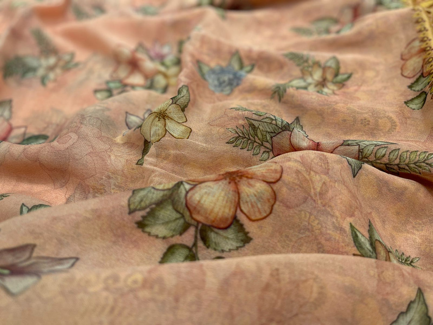 Faishana Pure Handloom Baby Pink Chiffon Floral Digital Print Boota with Copper Zari Banarasi Border and Baby Pink Blouse