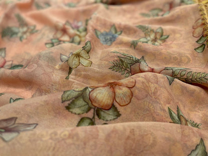 Faishana Pure Handloom Baby Pink Chiffon Floral Digital Print Boota with Copper Zari Banarasi Border and Baby Pink Blouse
