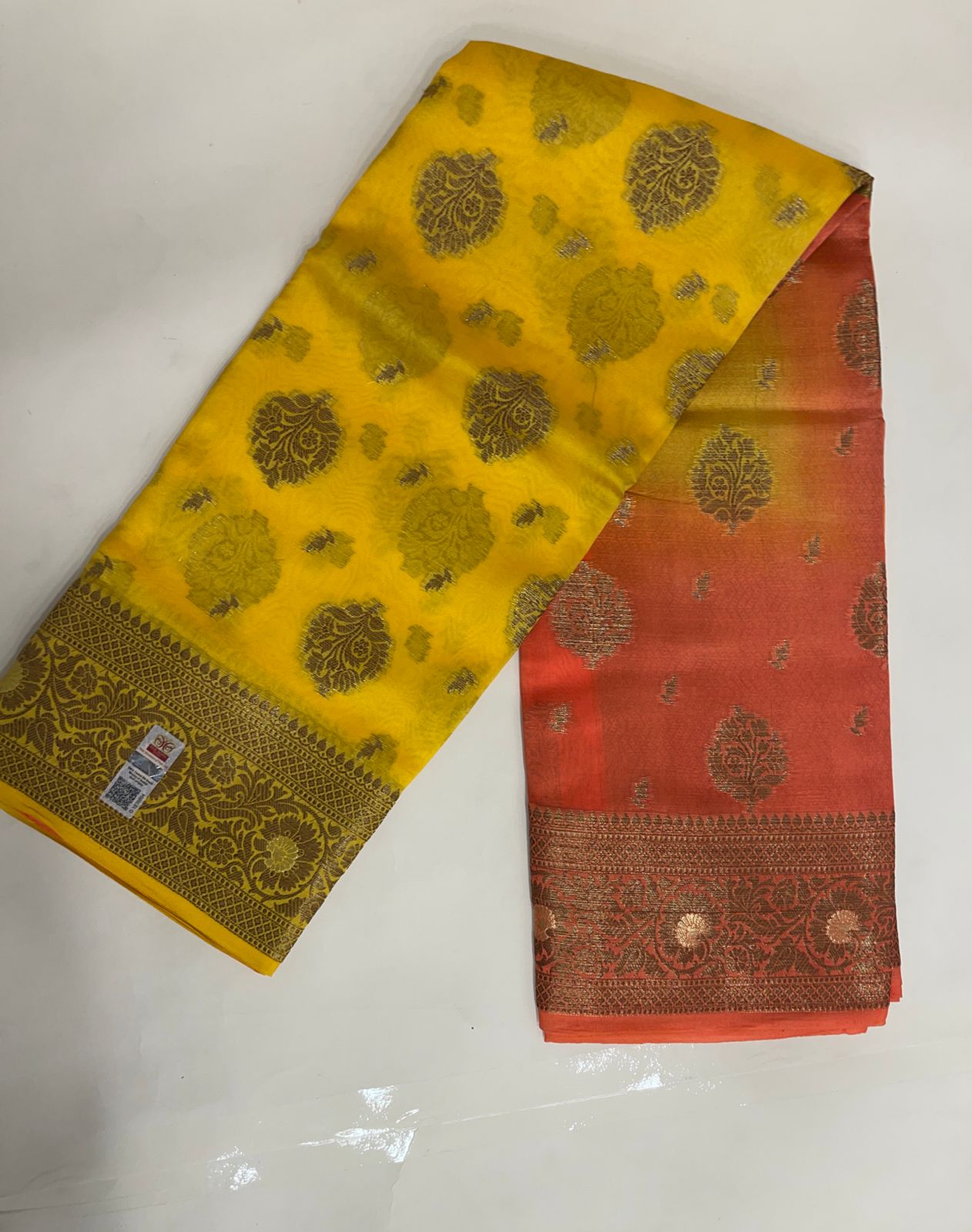Faishana Pure Handloom Yellow Contrast Orange Dupion Silk Copper Zari Floral Booti Banarasi Mina Zari Border with Floral Banarasi Pallu and Orange Blouse