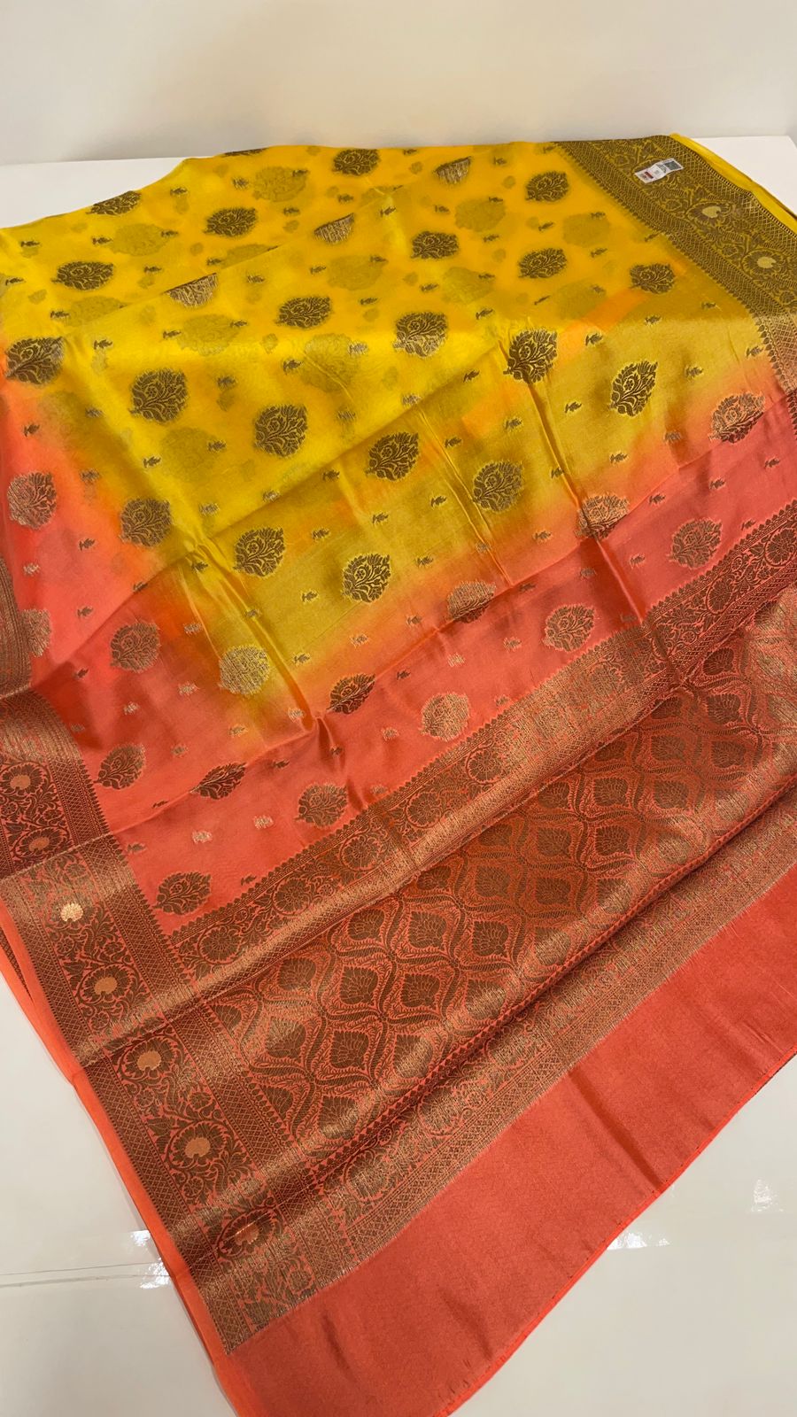 Faishana Pure Handloom Yellow Contrast Orange Dupion Silk Copper Zari Floral Booti Banarasi Mina Zari Border with Floral Banarasi Pallu and Orange Blouse