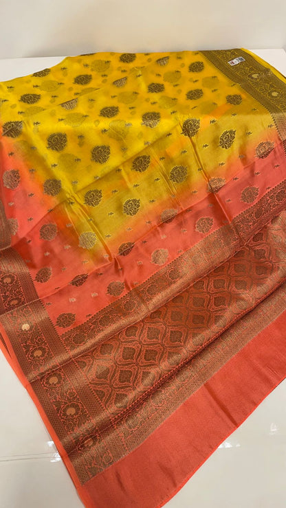 Faishana Pure Handloom Yellow Contrast Orange Dupion Silk Copper Zari Floral Booti Banarasi Mina Zari Border with Floral Banarasi Pallu and Orange Blouse