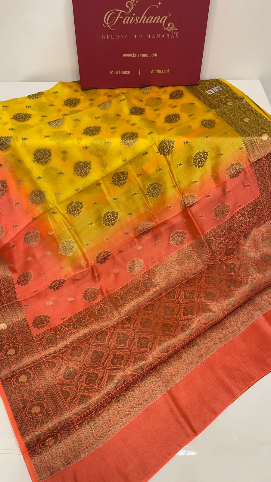 Faishana Pure Handloom Yellow Contrast Orange Dupion Silk Copper Zari Floral Booti Banarasi Mina Zari Border with Floral Banarasi Pallu and Orange Blouse