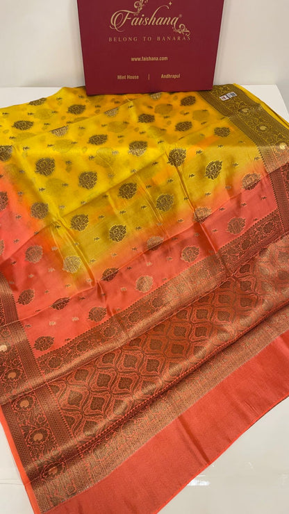 Faishana Pure Handloom Yellow Contrast Orange Dupion Silk Copper Zari Floral Booti Banarasi Mina Zari Border with Floral Banarasi Pallu and Orange Blouse