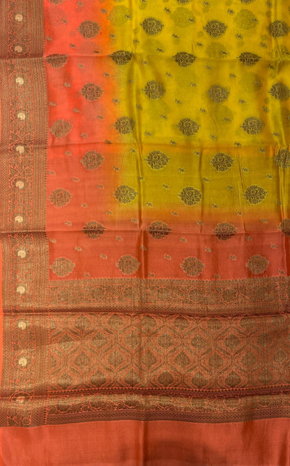 Faishana Pure Handloom Yellow Contrast Orange Dupion Silk Copper Zari Floral Booti Banarasi Mina Zari Border with Floral Banarasi Pallu and Orange Blouse