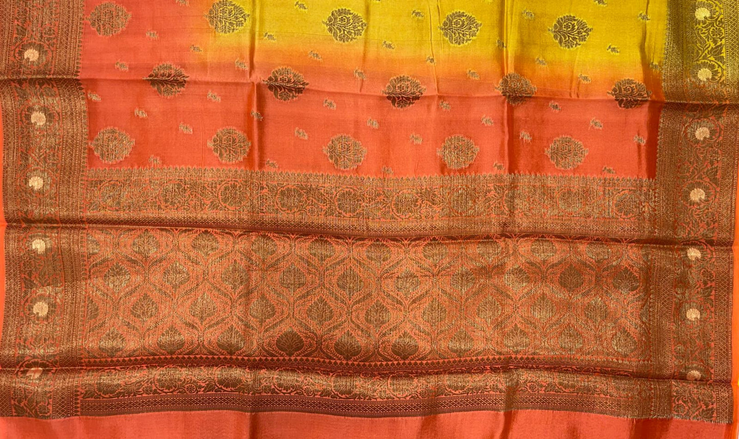 Faishana Pure Handloom Yellow Contrast Orange Dupion Silk Copper Zari Floral Booti Banarasi Mina Zari Border with Floral Banarasi Pallu and Orange Blouse
