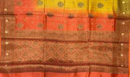 Faishana Pure Handloom Yellow Contrast Orange Dupion Silk Copper Zari Floral Booti Banarasi Mina Zari Border with Floral Banarasi Pallu and Orange Blouse