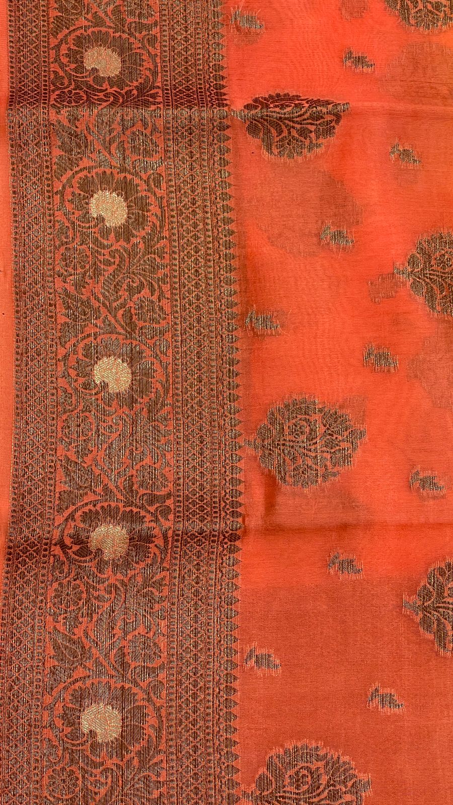 Faishana Pure Handloom Yellow Contrast Orange Dupion Silk Copper Zari Floral Booti Banarasi Mina Zari Border with Floral Banarasi Pallu and Orange Blouse