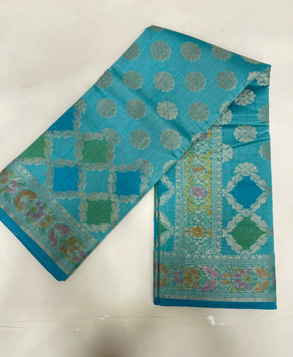 Faishana Pure Handloom Sky Blue Cotton Silk Zari Booti with Rangkaat Banarasi Zari Hand Painted Floral Pallu and Zari Border with Sky Blue Blouse