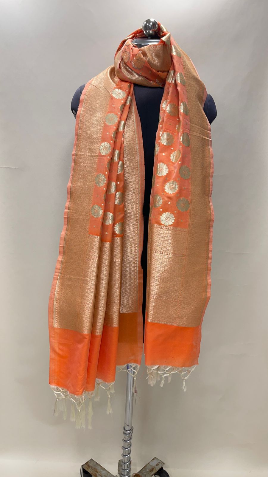 Faishana Presents Orange Semi Katan Silk Floral Zari Chunri Boota With  Banarasi Border Banarasi Dupatta