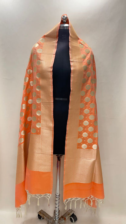 Faishana Presents Orange Semi Katan Silk Floral Zari Chunri Boota With  Banarasi Border Banarasi Dupatta