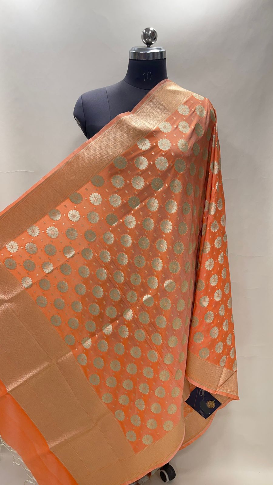 Faishana Presents Orange Semi Katan Silk Floral Zari Chunri Boota With  Banarasi Border Banarasi Dupatta