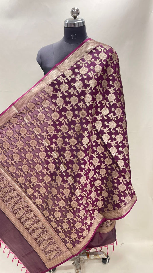 Faishana Presents Semi Katan Silk Magenta Alfi Zari Jaal Paisley Anchal Banarasi Dupatta