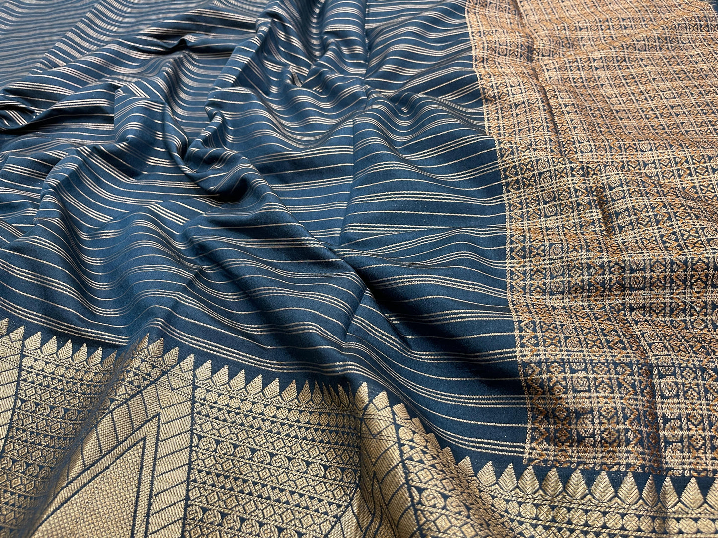 Navy Blue Cotton Stripe Zari Banarasi Saree ASDC_4