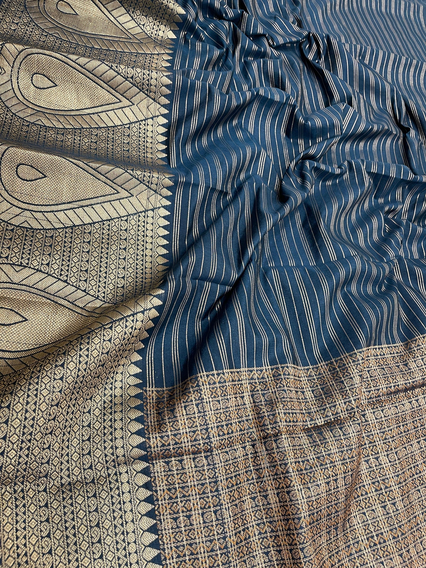 Navy Blue Cotton Stripe Zari Banarasi Saree ASDC_4