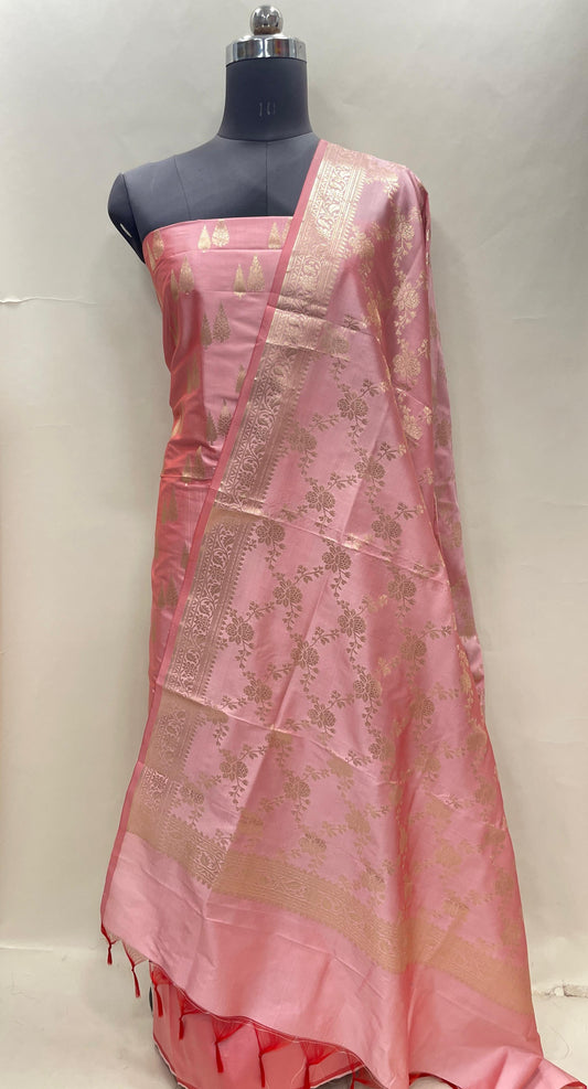 Pink Semi Katan Silk Handloom Banarasi 3 pcs Suit Set MUB_SK3