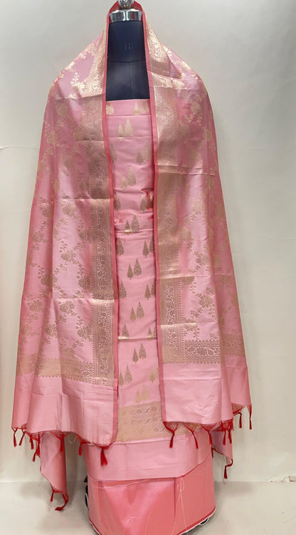 Pink Semi Katan Silk Handloom Banarasi 3 pcs Suit Set MUB_SK3