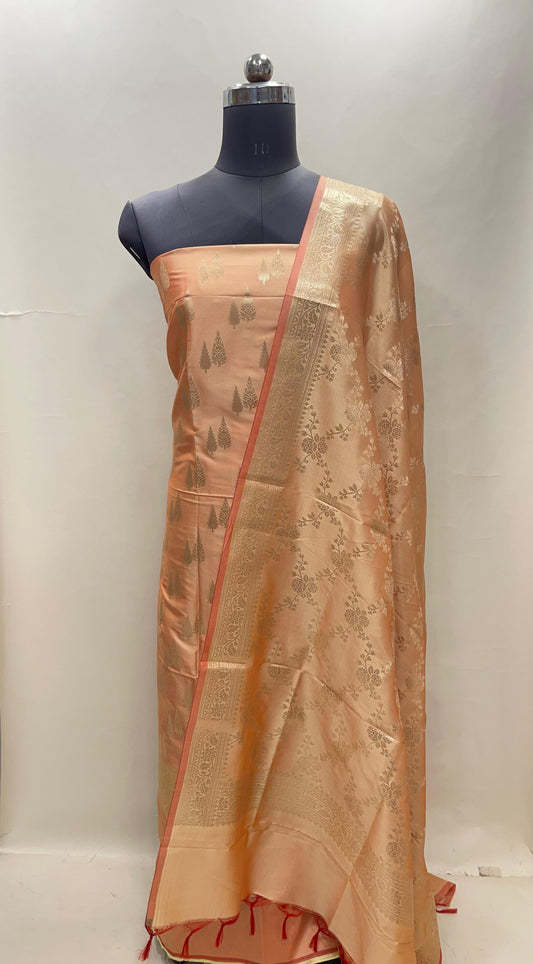 Peach Semi Katan Silk Handloom Banarasi 3 pcs Suit Set MUB_SK7