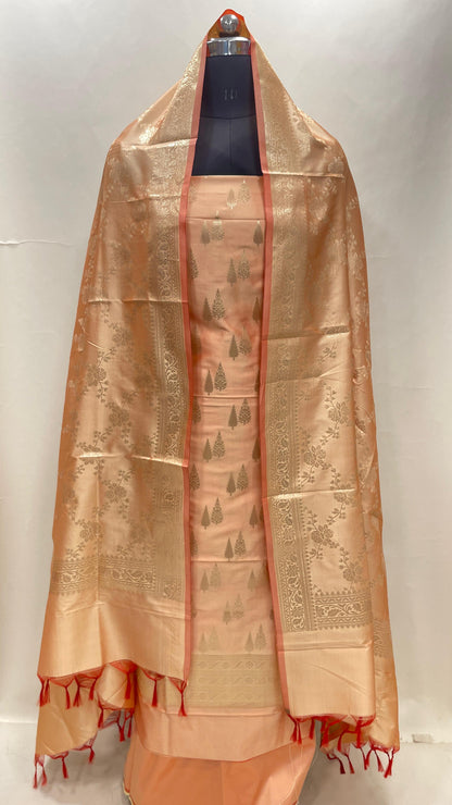 Peach Semi Katan Silk Handloom Banarasi 3 pcs Suit Set MUB_SK7