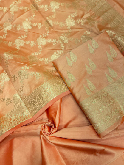 Peach Semi Katan Silk Handloom Banarasi 3 pcs Suit Set MUB_SK7