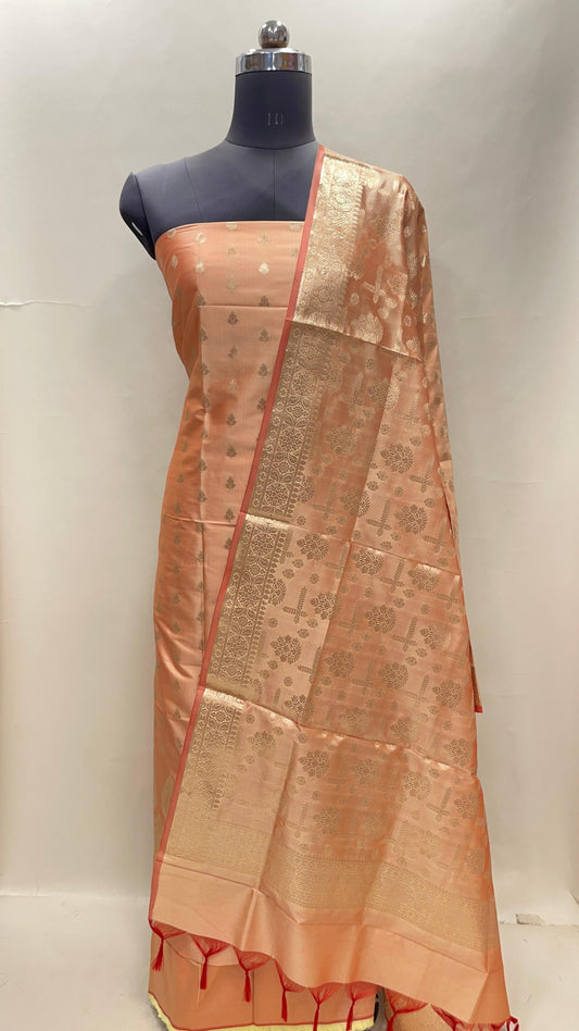Peach Semi Katan Silk Handloom Banarasi 3 pcs Suit Set MUB_SK11