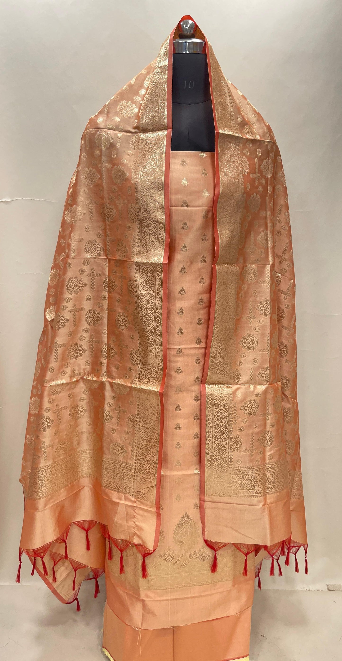 Peach Semi Katan Silk Handloom Banarasi 3 pcs Suit Set MUB_SK11