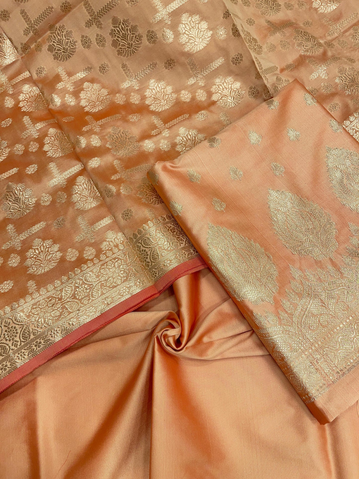 Peach Semi Katan Silk Handloom Banarasi 3 pcs Suit Set MUB_SK11