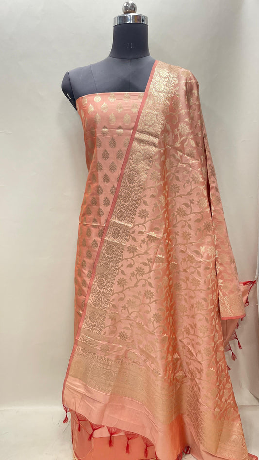 Peach Semi Katan Silk Handloom Banarasi 3 pcs Suit Set MUB_SK18