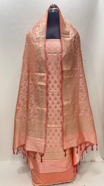 Peach Semi Katan Silk Handloom Banarasi 3 pcs Suit Set MUB_SK18