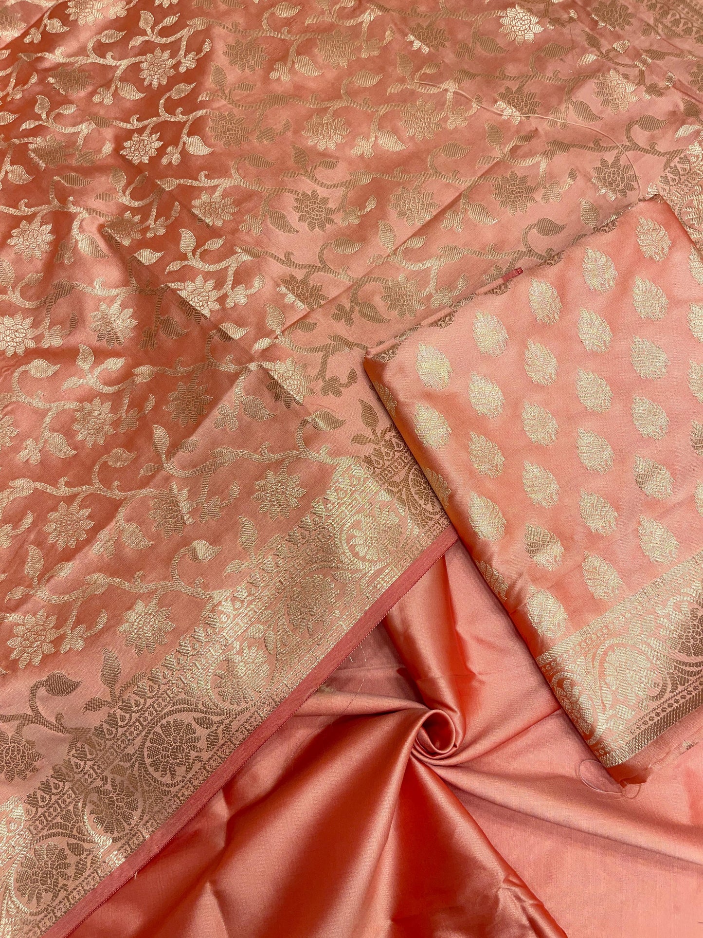 Peach Semi Katan Silk Handloom Banarasi 3 pcs Suit Set MUB_SK18