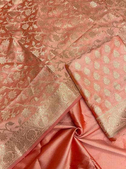 Peach Semi Katan Silk Handloom Banarasi 3 pcs Suit Set MUB_SK18