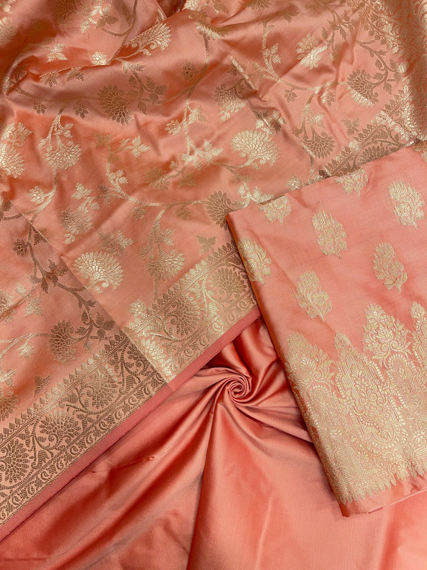 Peach Semi Katan Silk Handloom Banarasi 3 pcs Suit Set MUB_SK22