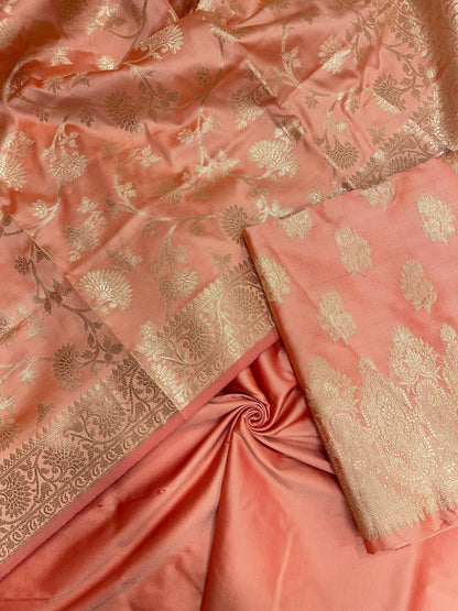 Peach Semi Katan Silk Handloom Banarasi 3 pcs Suit Set MUB_SK22