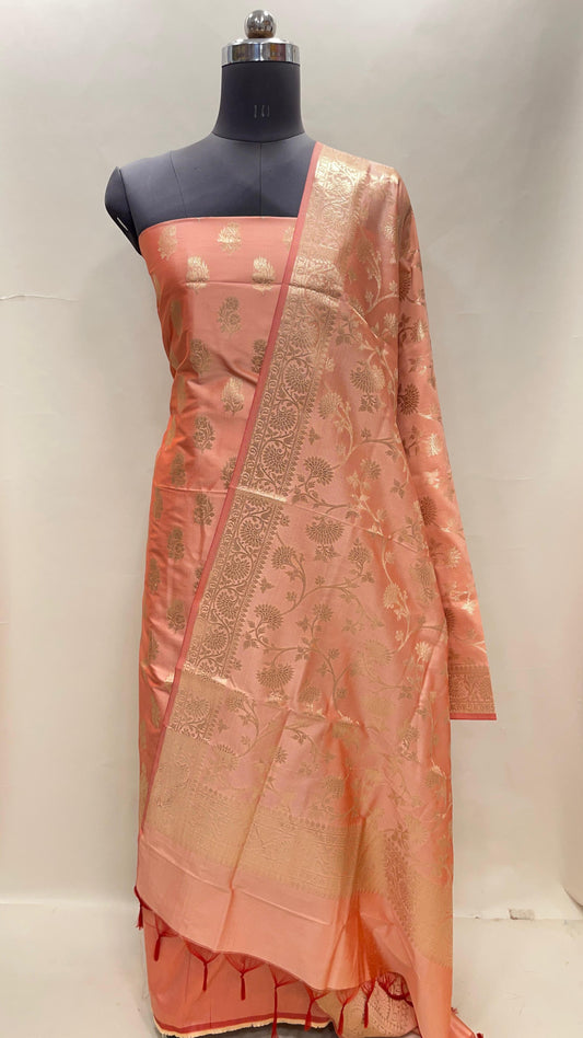 Peach Semi Katan Silk Handloom Banarasi 3 pcs Suit Set MUB_SK22