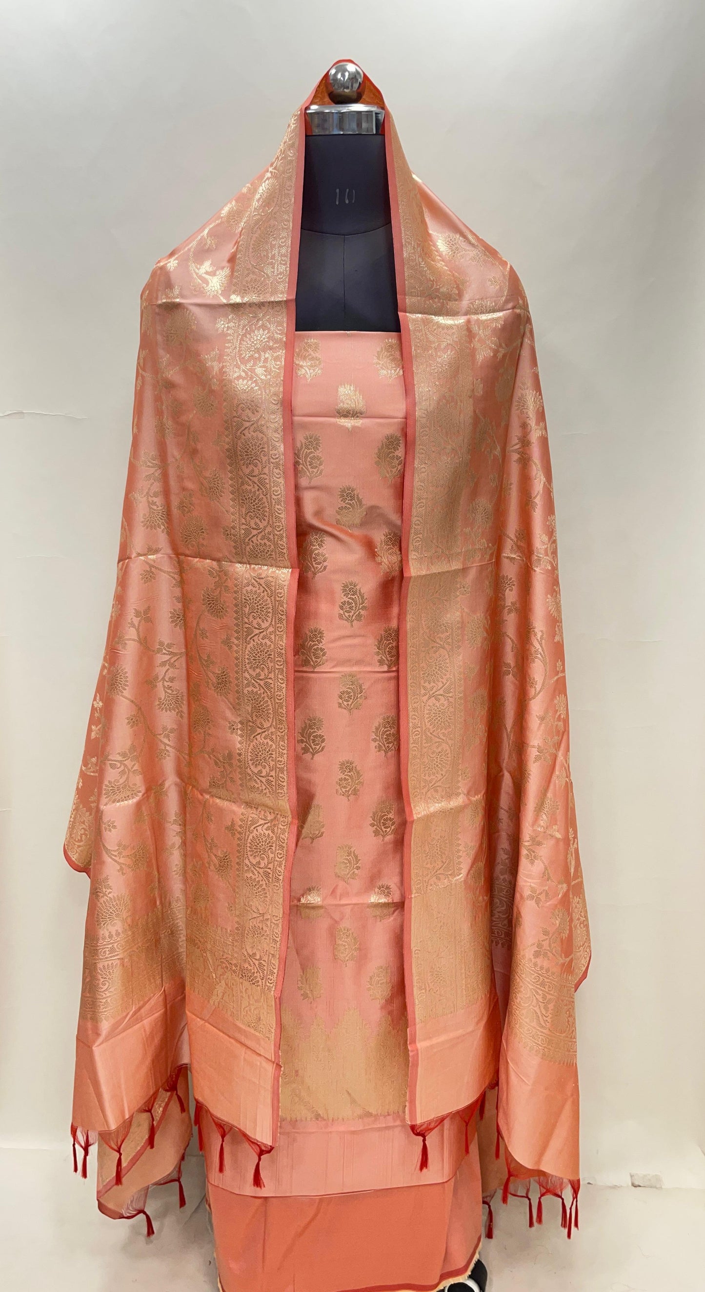 Peach Semi Katan Silk Handloom Banarasi 3 pcs Suit Set MUB_SK22