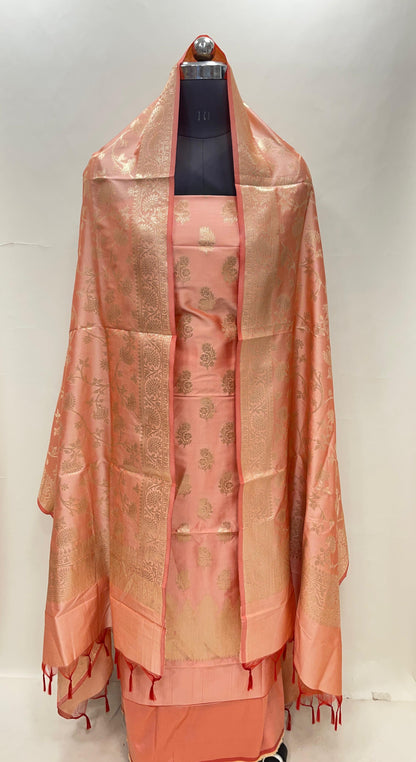 Peach Semi Katan Silk Handloom Banarasi 3 pcs Suit Set MUB_SK22
