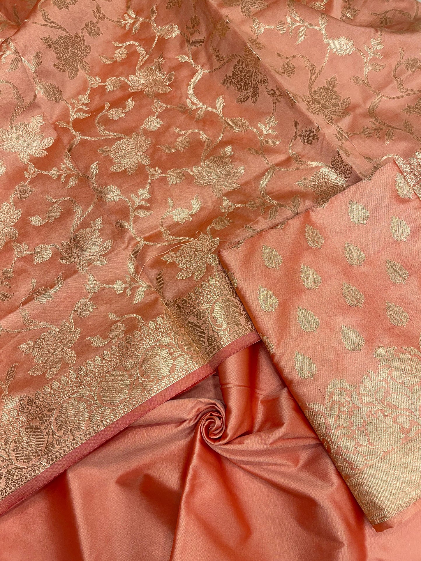 Peach Semi Katan Silk Handloom Banarasi 3 pcs Suit Set MUB_SK30