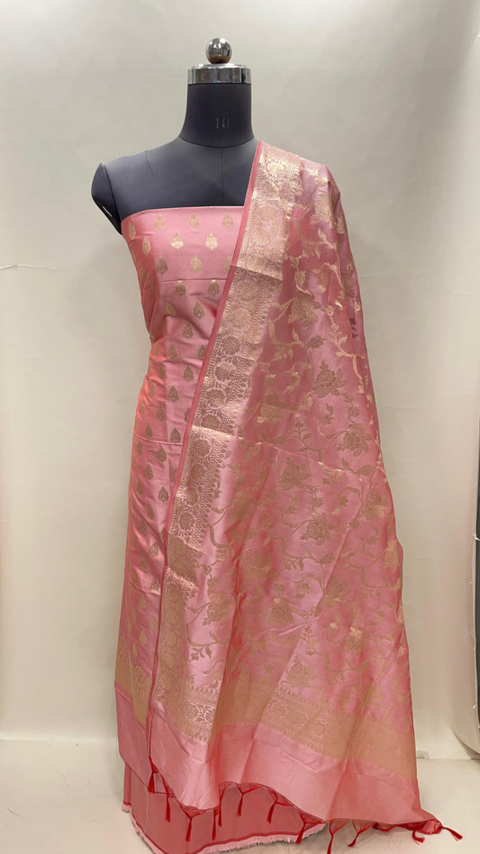 Pink Semi Katan Silk Handloom Banarasi 3 pcs Suit Set MUB_SK31