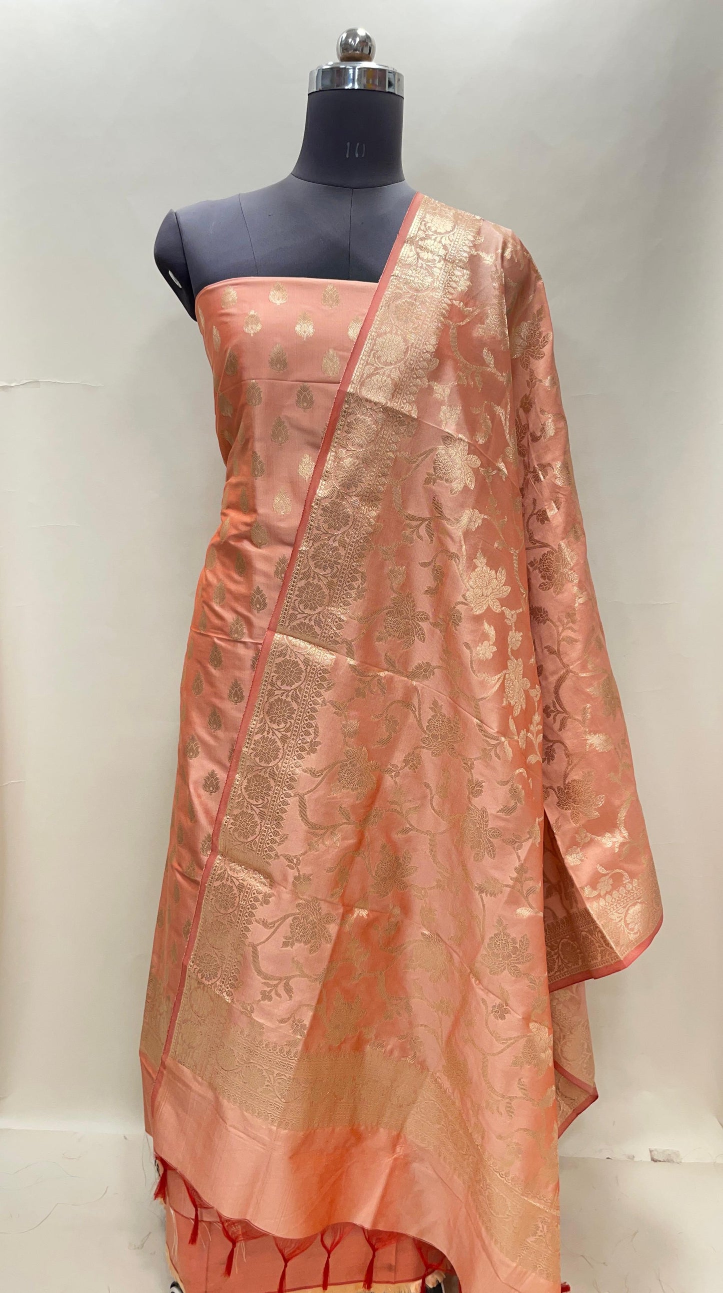 Peach Semi Katan Silk Handloom Banarasi 3 pcs Suit Set MUB_SK30