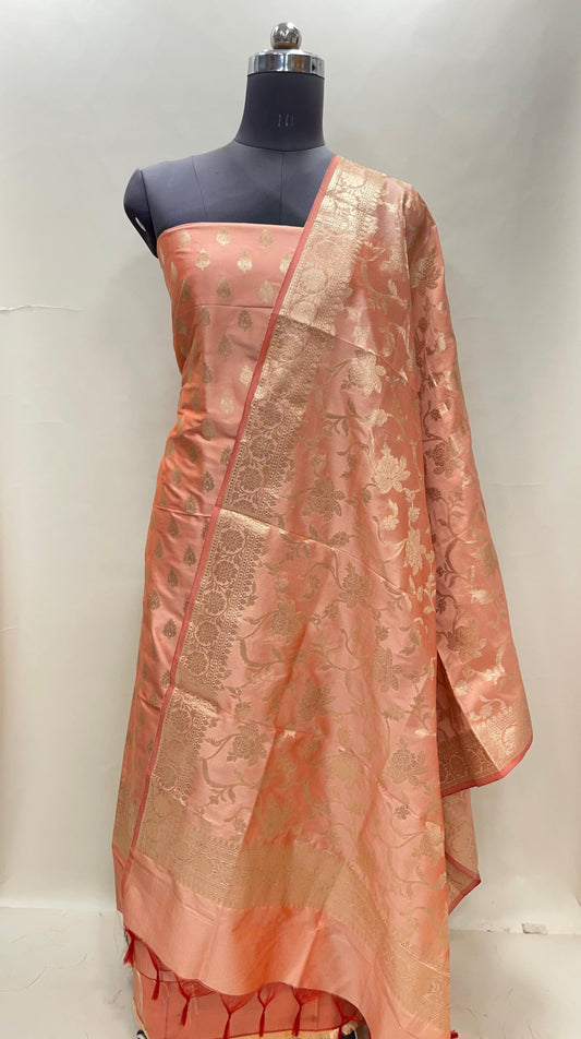 Peach Semi Katan Silk Handloom Banarasi 3 pcs Suit Set MUB_SK30